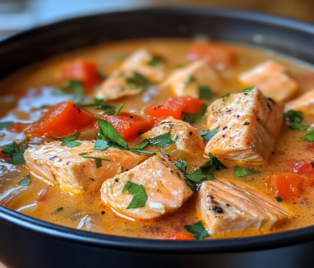 A hearty bowl of creamy salmon stew with chunks of salmon, potatoes, carrots, and fresh herbs, served hot in a rustic ceramic bowl with a spoon on the side.