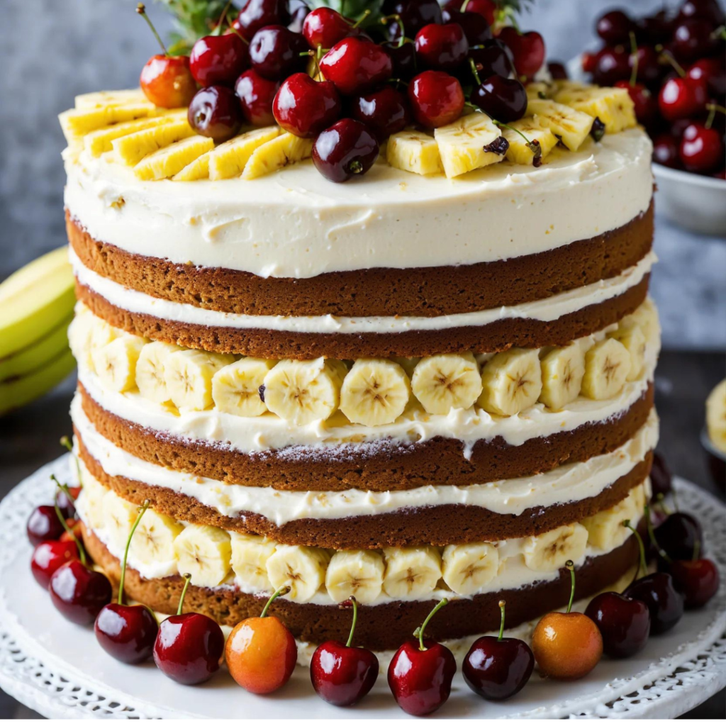 Freshly made Banana Split Cake in a serving dish with cream cheese, bananas, pineapple, whipped cream, and cherries