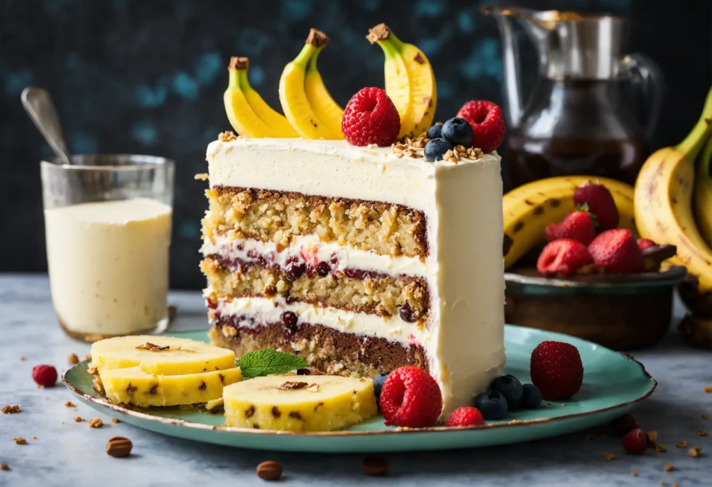 Baker's hands demonstrating expert techniques in preparing Banana Split Cake.