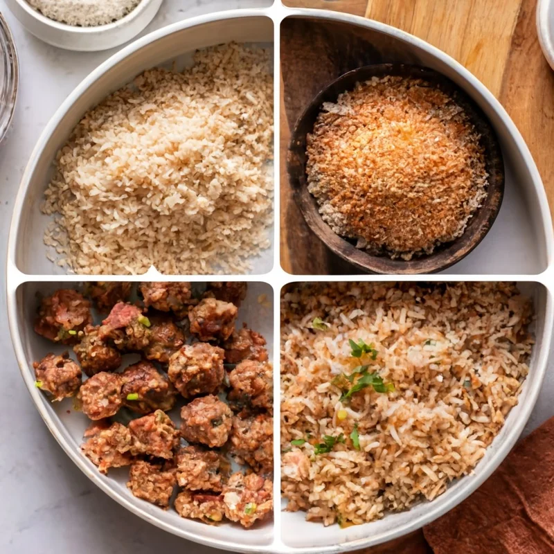 A collage of gluten-free binding ingredients like almond meal, crushed gluten-free crackers, and cooked rice, being mixed with meatball ingredients