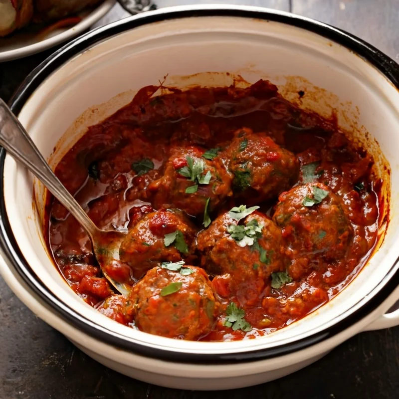 A cozy kitchen scene with a slow cooker simmering gluten-free meatballs in sauce, emitting a warm and inviting aroma