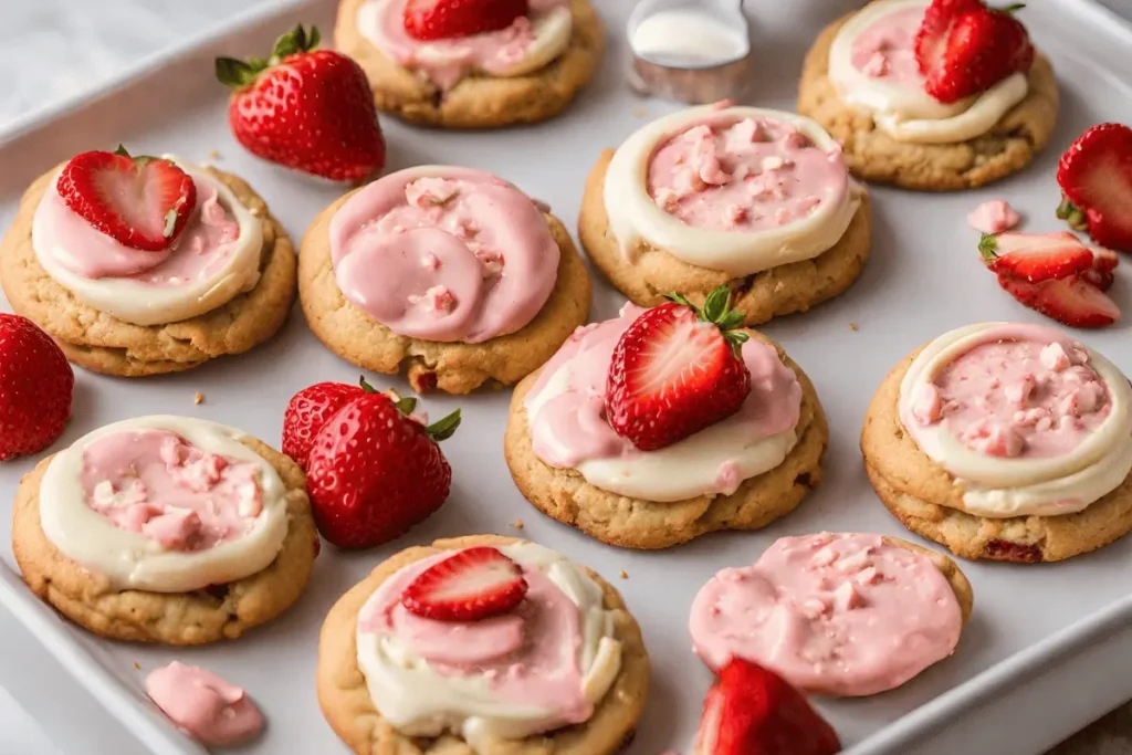 Platter of Strawberry Cheesecake Cookies with a warm kitchen background