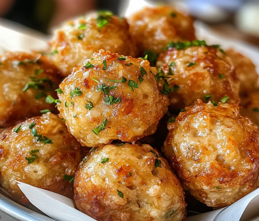 Golden-brown Cheddar Bay sausage balls piled on a serving platter, with a crispy exterior and cheesy, savory filling visible inside.