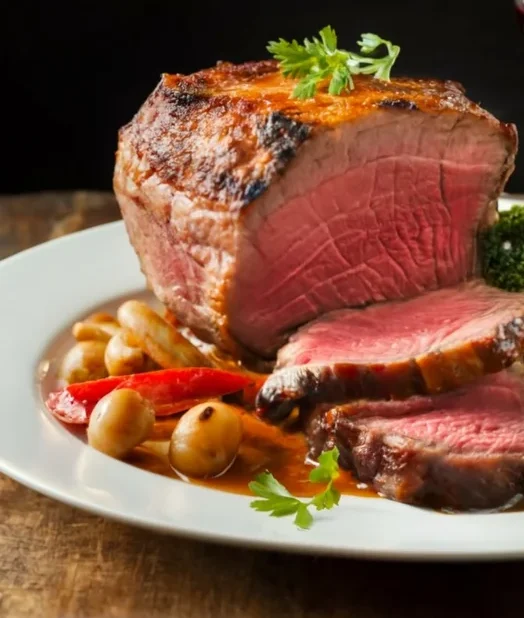 Elegantly plated beef arm roast dinner, paired with side dishes and a glass of red wine, ready to be served