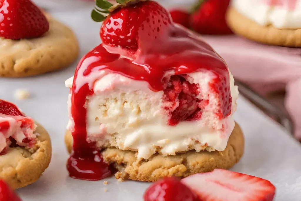 Close-up of a Strawberry Cheesecake Cookie with a bite taken out