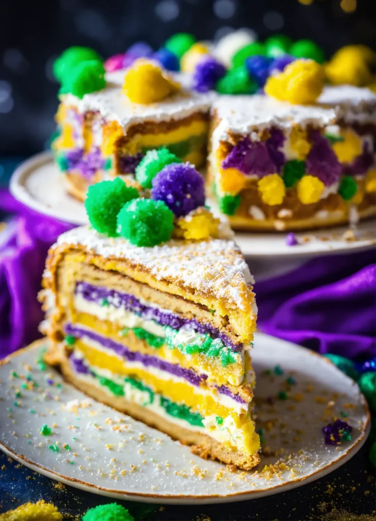 Close-up of a baker's hands applying icing and colored sugar on a King Cake.