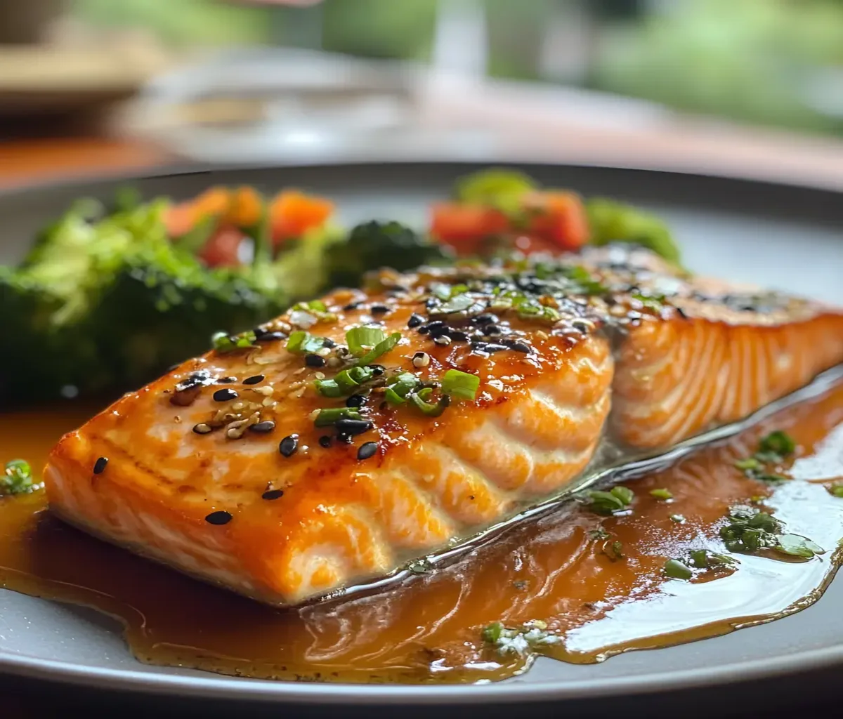 A perfectly cooked maple glazed salmon fillet with a caramelized glaze, garnished with fresh herbs and served with roasted vegetables on a white plate.