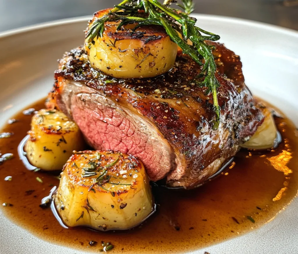 A juicy, tender beef arm roast sliced on a wooden cutting board, surrounded by roasted carrots, potatoes, and fresh rosemary.