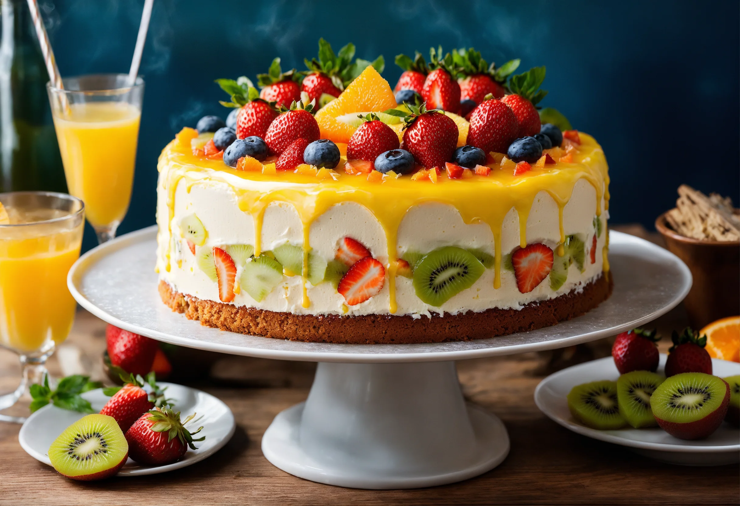 Fruit cocktail cake served with coffee and cream on a dining table.