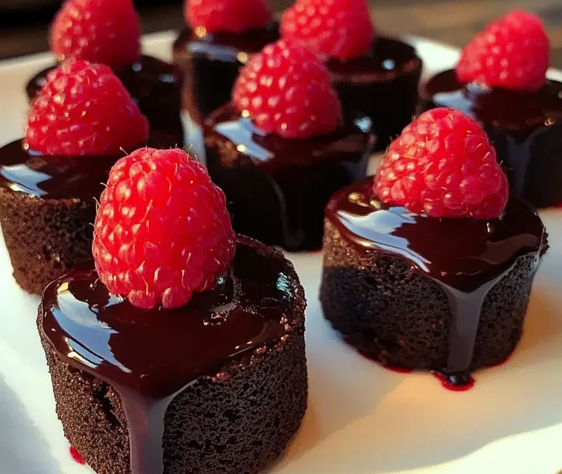 Chocolate bouchons with fresh raspberries, served on a dessert plate, dusted with powdered sugar and garnished with more raspberries.