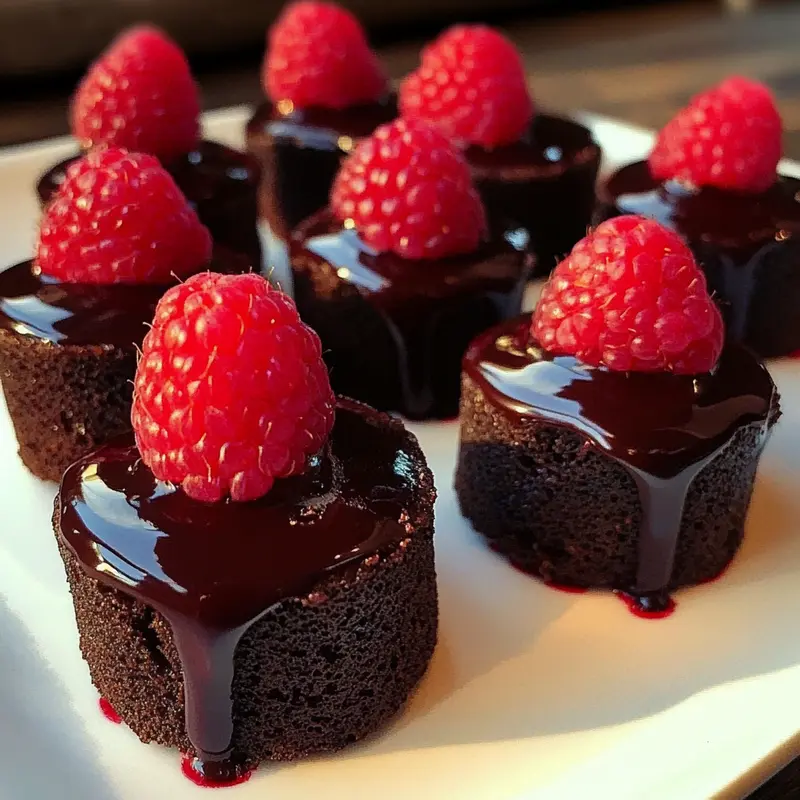 Chocolate bouchons with fresh raspberries, served on a dessert plate, dusted with powdered sugar and garnished with more raspberries.