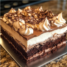 A decadent Chocolate Meringue Brownie Cake served on a white plate, showcasing its fudgy brownie base and fluffy meringue topping.