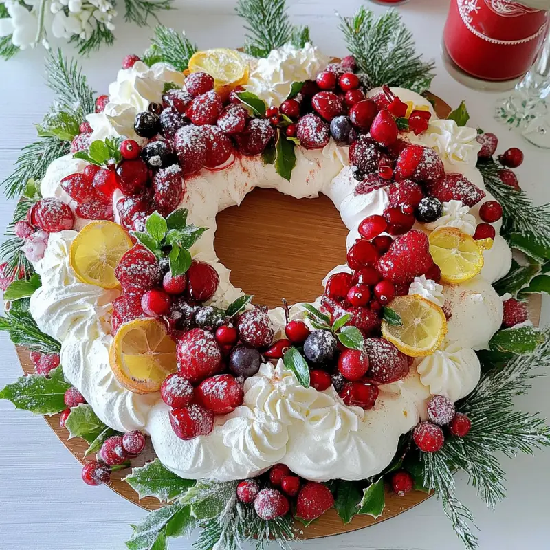 A festive Christmas Mini Pavlova Wreath topped with whipped cream, fresh mixed berries, and mint leaves, placed on a rustic wooden table adorned with holiday decorations.