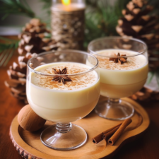 A glass of creamy Coconut Hazelnut Eggnog topped with whipped cream and toasted coconut flakes, surrounded by festive holiday decorations.