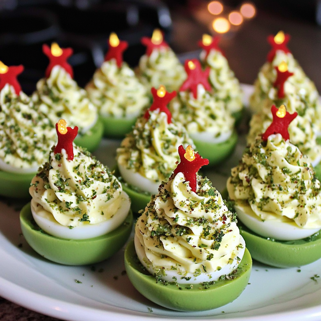 Festive Deviled Egg Christmas Trees arranged on a holiday platter, featuring creamy green filling, red pepper ornaments, chive garnish, and star-shaped cheese toppers.