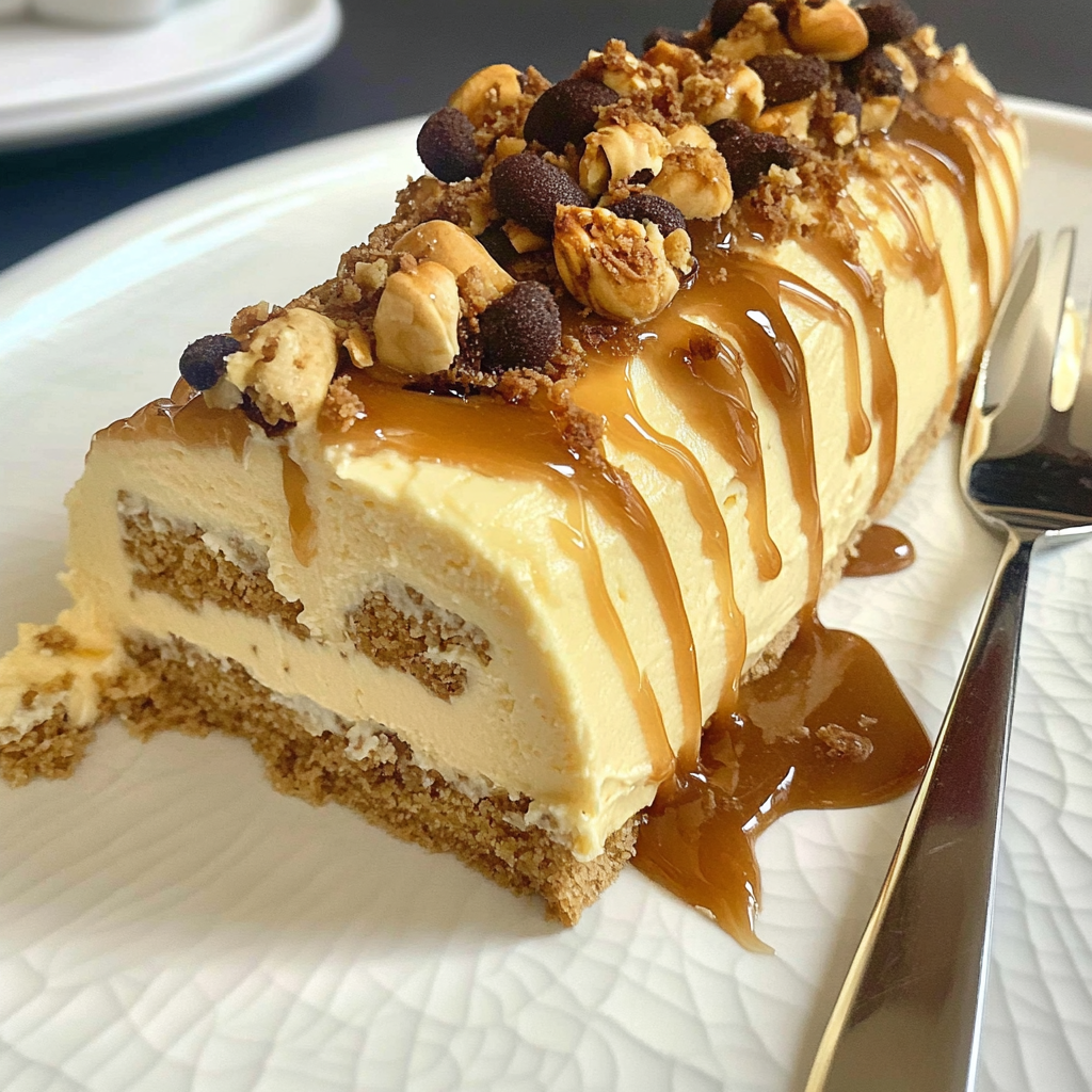 Decadent Caramilk Cheesecake Log with Caramel Drizzle and Crushed Cookies