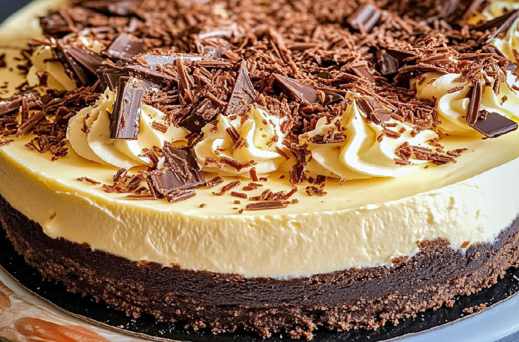 A decadent millionaire cheesecake topped with chocolate shavings on a biscuit base, layered with salted caramel and creamy cheesecake filling.