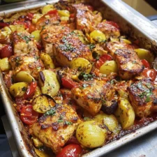 A vibrant Piri Piri One Tray Bake with roasted vegetables and chickpeas garnished with fresh parsley on a rustic baking tray.