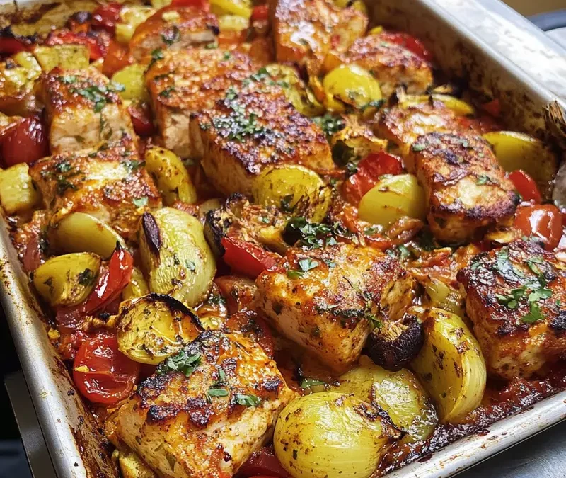 A vibrant Piri Piri One Tray Bake with roasted vegetables and chickpeas garnished with fresh parsley on a rustic baking tray.