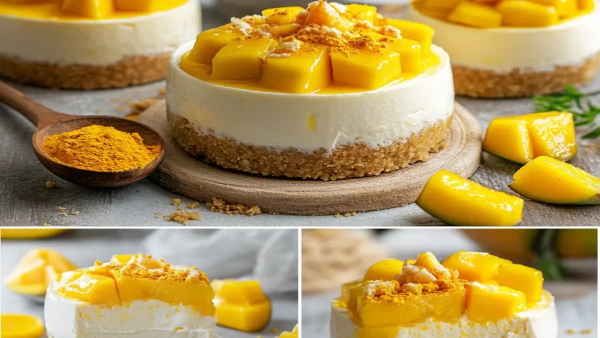 A slice of Mango Turmeric Cheesecake on a plate, topped with fresh mango slices and a drizzle of honey.