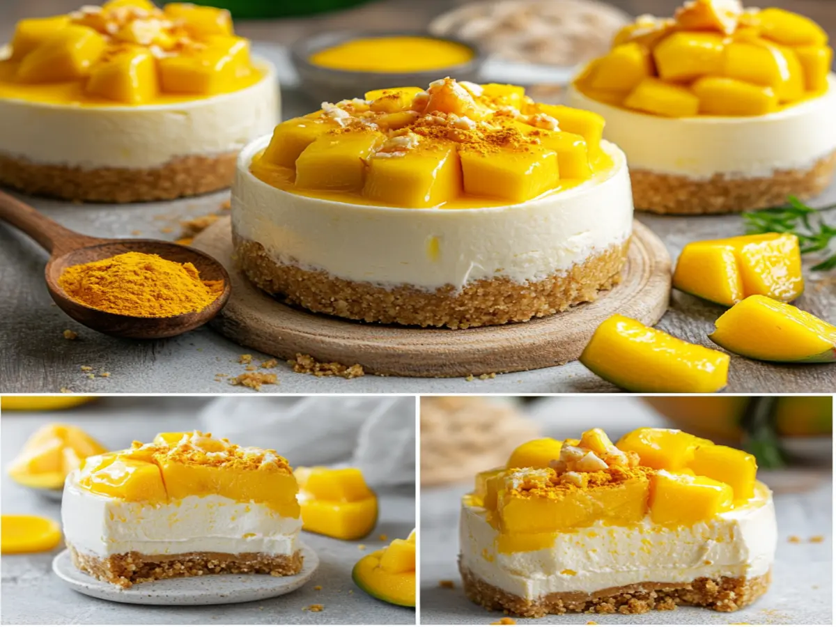 A slice of Mango Turmeric Cheesecake on a plate, topped with fresh mango slices and a drizzle of honey.