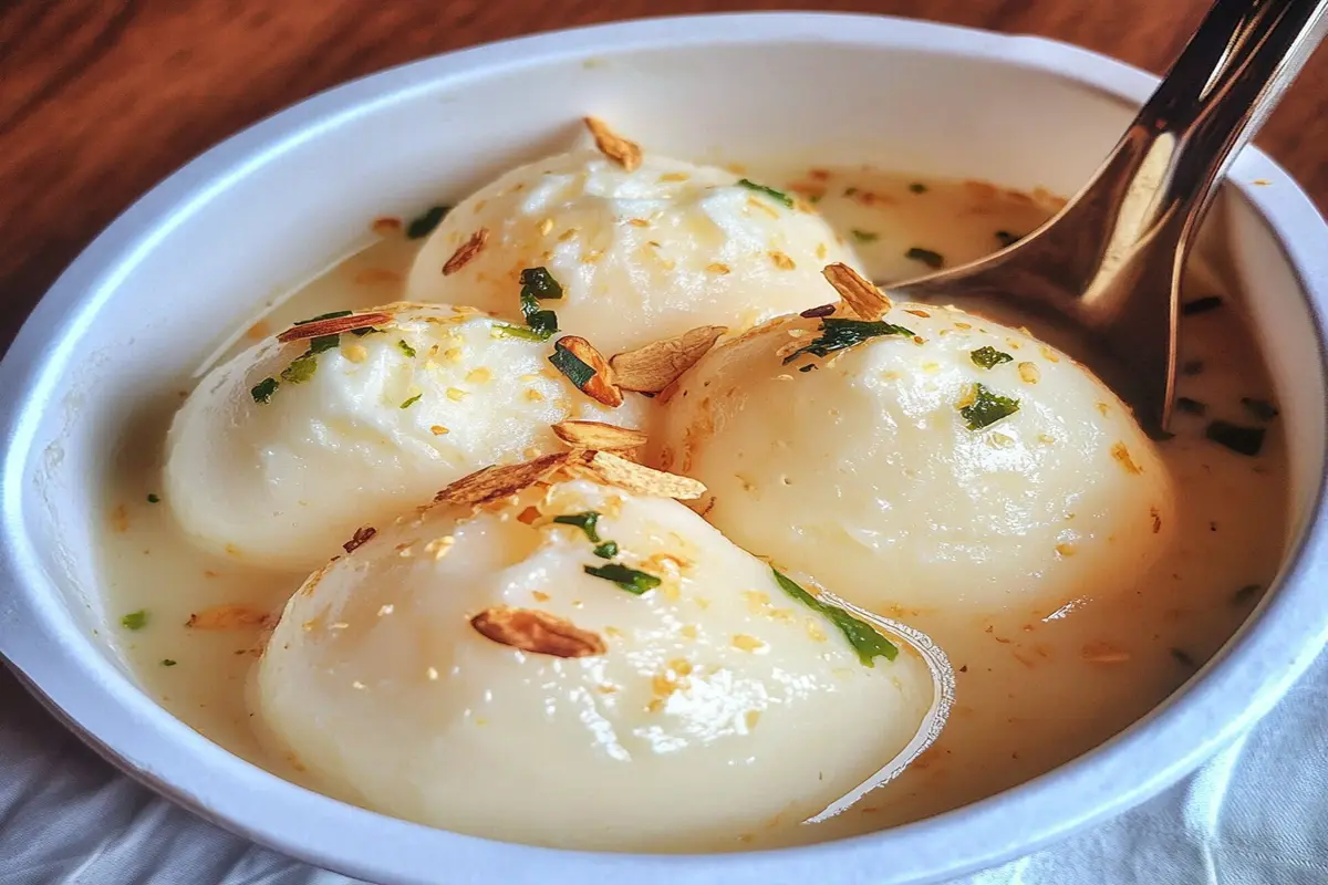 A close-up of Rasgulla Macapuno, a creamy fusion dessert made with Indian rasgulla and Filipino macapuno, served on a decorative plate with fresh fruit garnish.