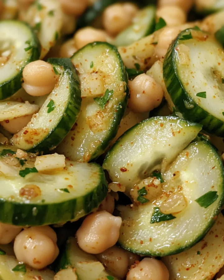 A vibrant bowl of spicy chickpea cucumber salad with chopped cucumbers, red onions, cherry tomatoes, and fresh herbs, garnished with chili flakes and lemon wedges.