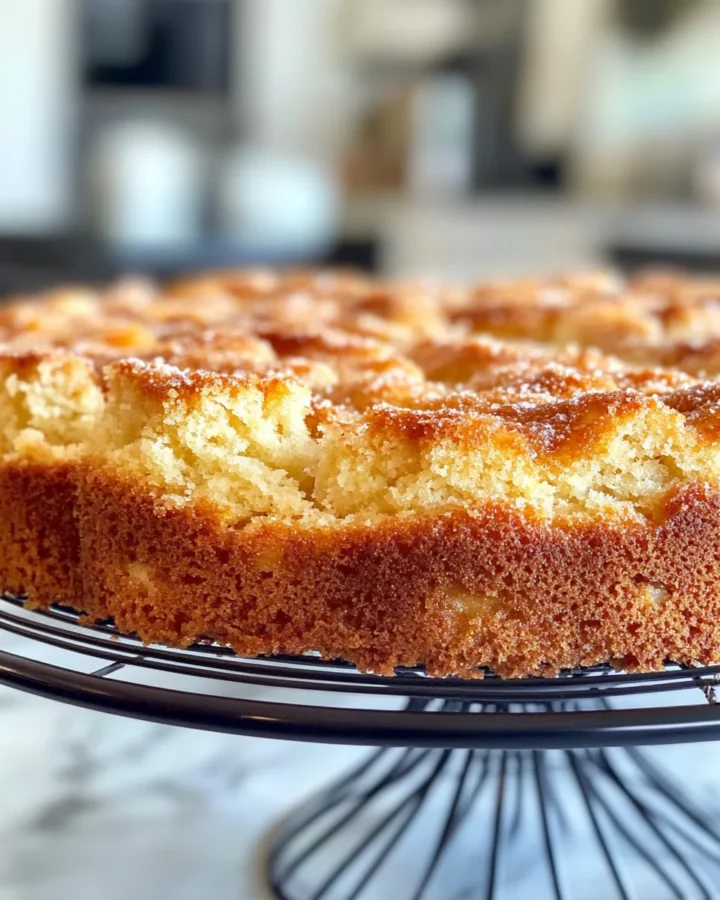 A moist slice of Ina Garten’s sour cream coffee cake with a cinnamon streusel swirl, served on a plate with a cup of coffee in the background.