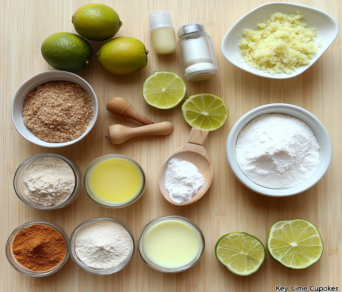 Ingredients for Key Lime Cupcakes including flours, Greek yogurt, limes, eggs, coconut sugar, and cream cheese on a kitchen counter
