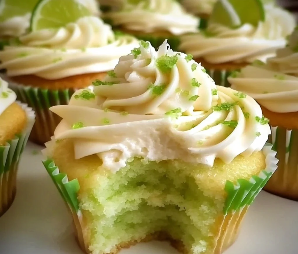 Key Lime Cupcakes with creamy lime frosting and lime zest garnish on a white plate