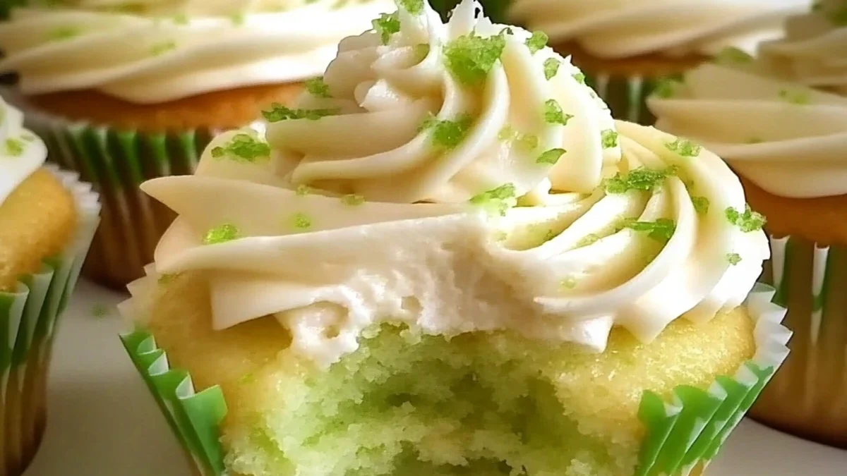 Key Lime Cupcakes with creamy lime frosting and lime zest garnish on a white plate