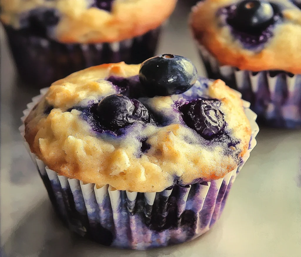 Freshly baked blueberry oatmeal Greek yogurt muffins cooling on a wire rack, topped with juicy blueberries and oats.
