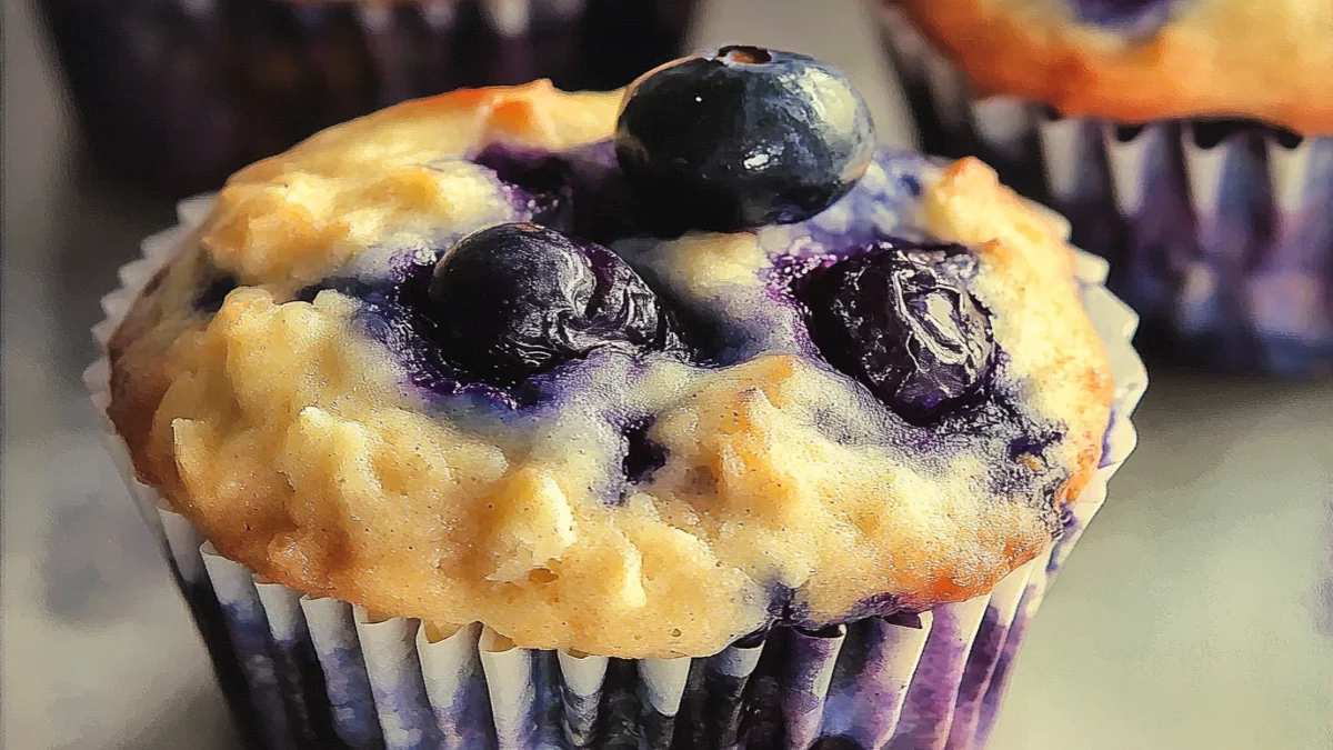 Freshly baked blueberry oatmeal Greek yogurt muffins cooling on a wire rack, topped with juicy blueberries and oats.