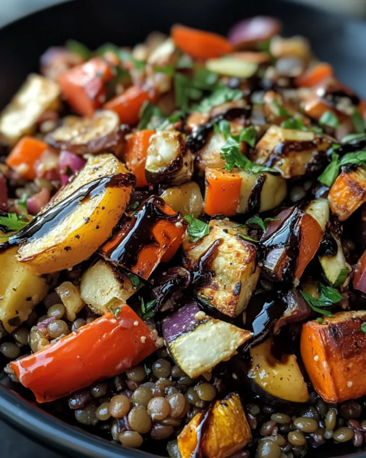 Warm Lentil and Roasted Vegetable Salad with Balsamic Glaze