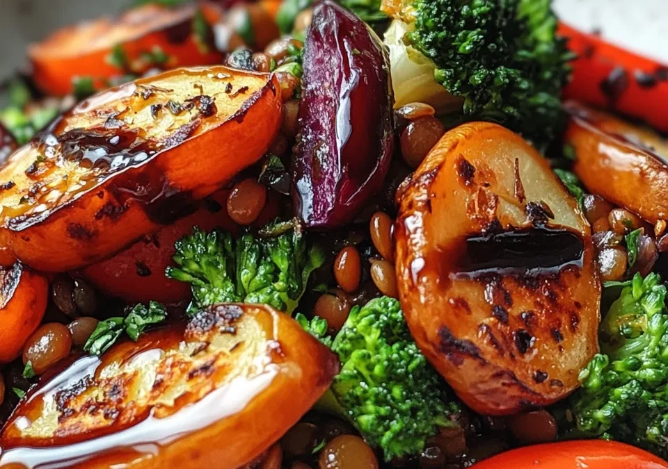 Warm Lentil and Roasted Vegetable Salad with Balsamic Glaze