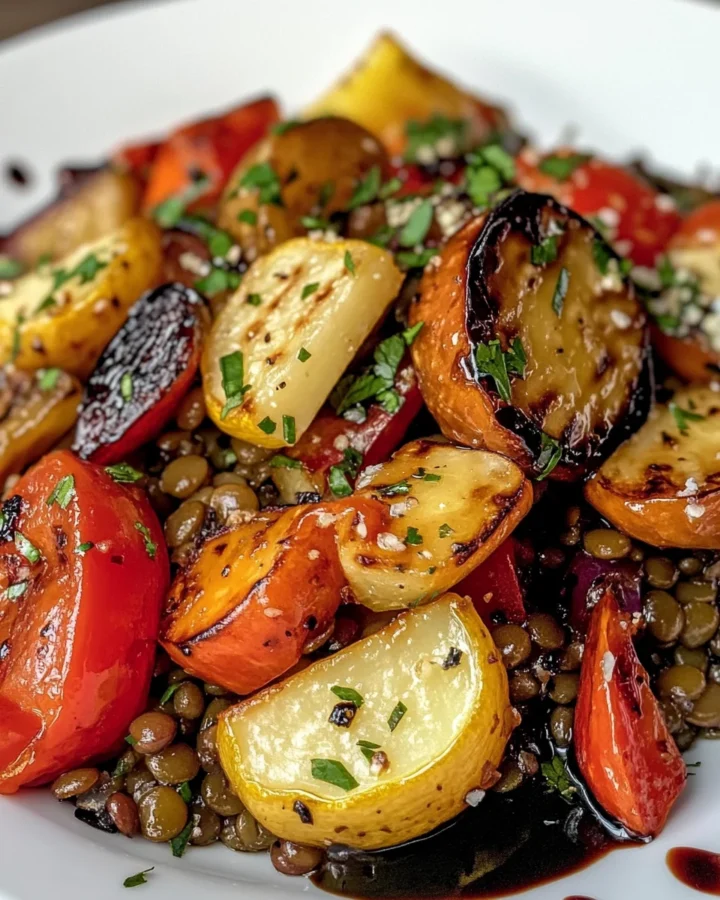 Warm Lentil and Roasted Vegetable Salad with Balsamic Glaze