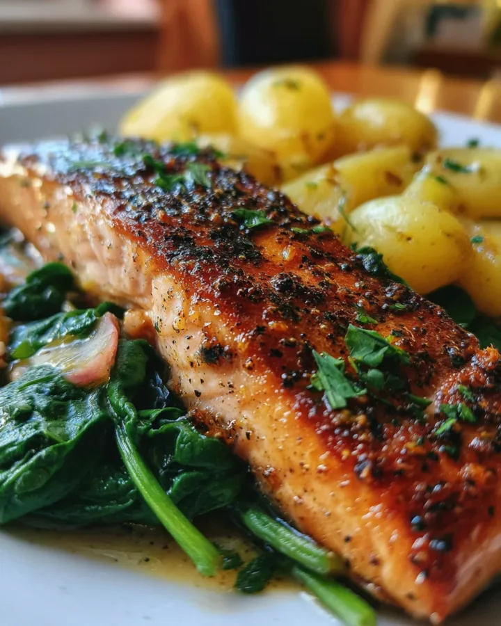 Honey Salmon with Potatoes & Spinach