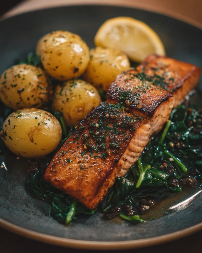 Honey Salmon with Potatoes & Spinach