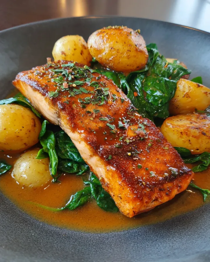 Honey Salmon with Potatoes & Spinach