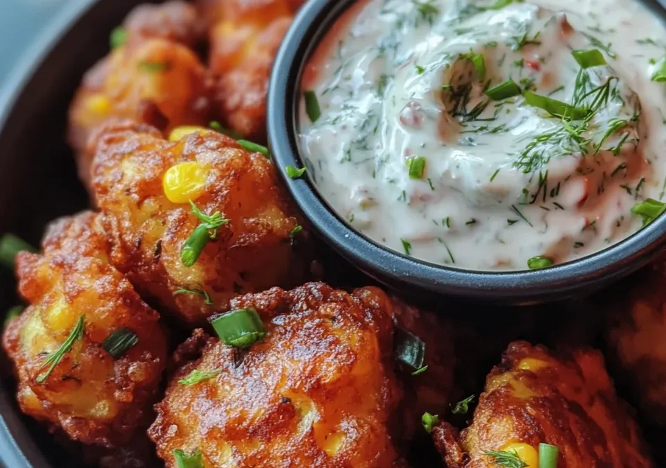 Zucchini and Corn Fritters with Creamy Dill Dip