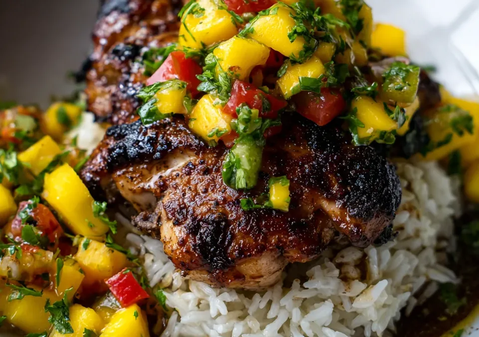 Jerk Chicken with Coconut Rice & Mango Salsa