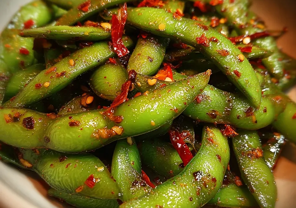 Spicy Edamame with Garlic and Chili Oil