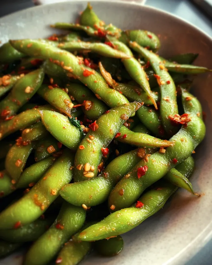 Spicy Edamame with Garlic and Chili Oil