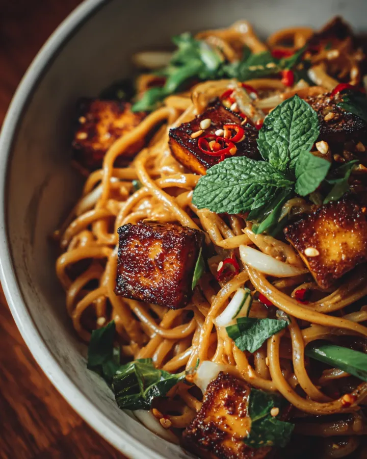 Spicy Peanut Noodles with Crispy Tofu