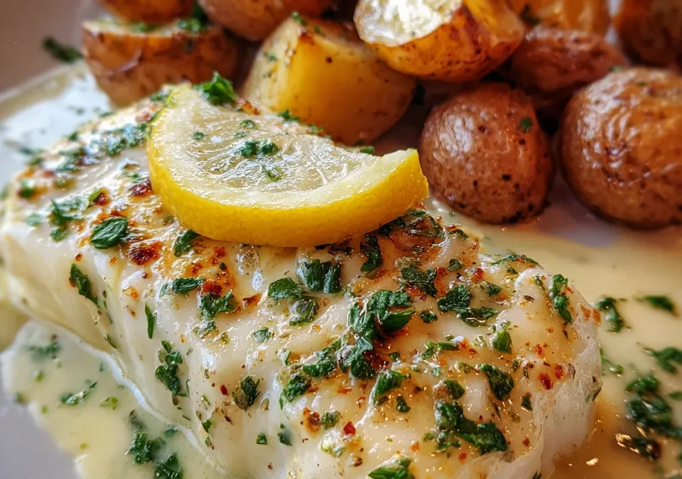Baked Cod with Lemon Butter Sauce and Roasted Potatoes