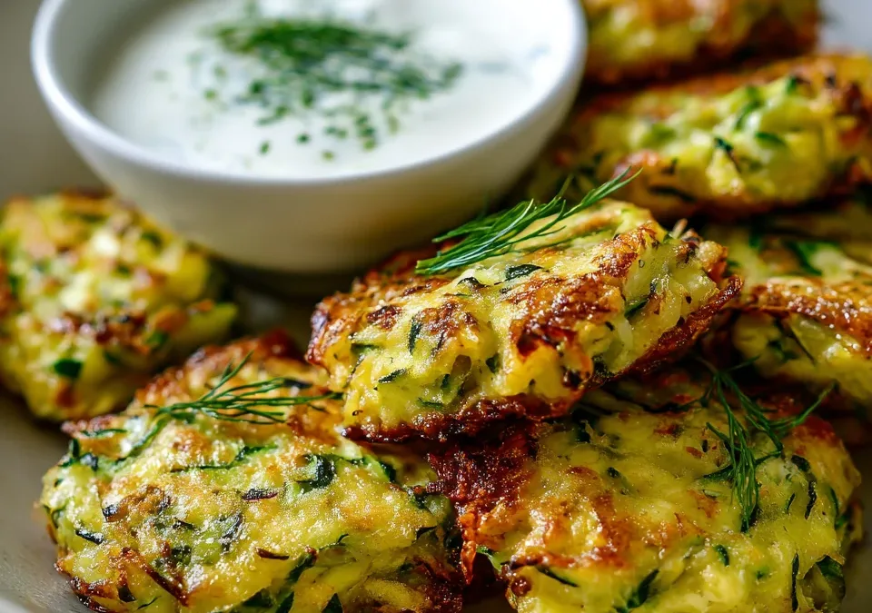 Baked Zucchini Fritters with a Yogurt-Dill Dip