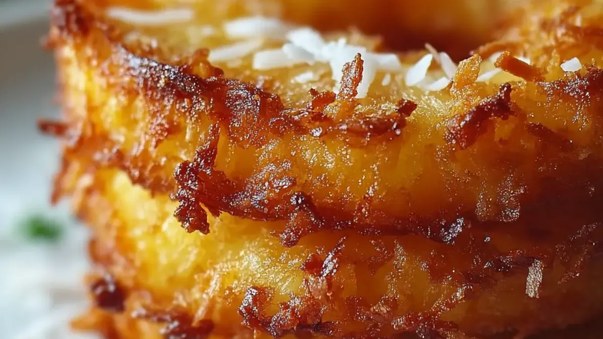 fried pineapple coconut crust on tropical leaf