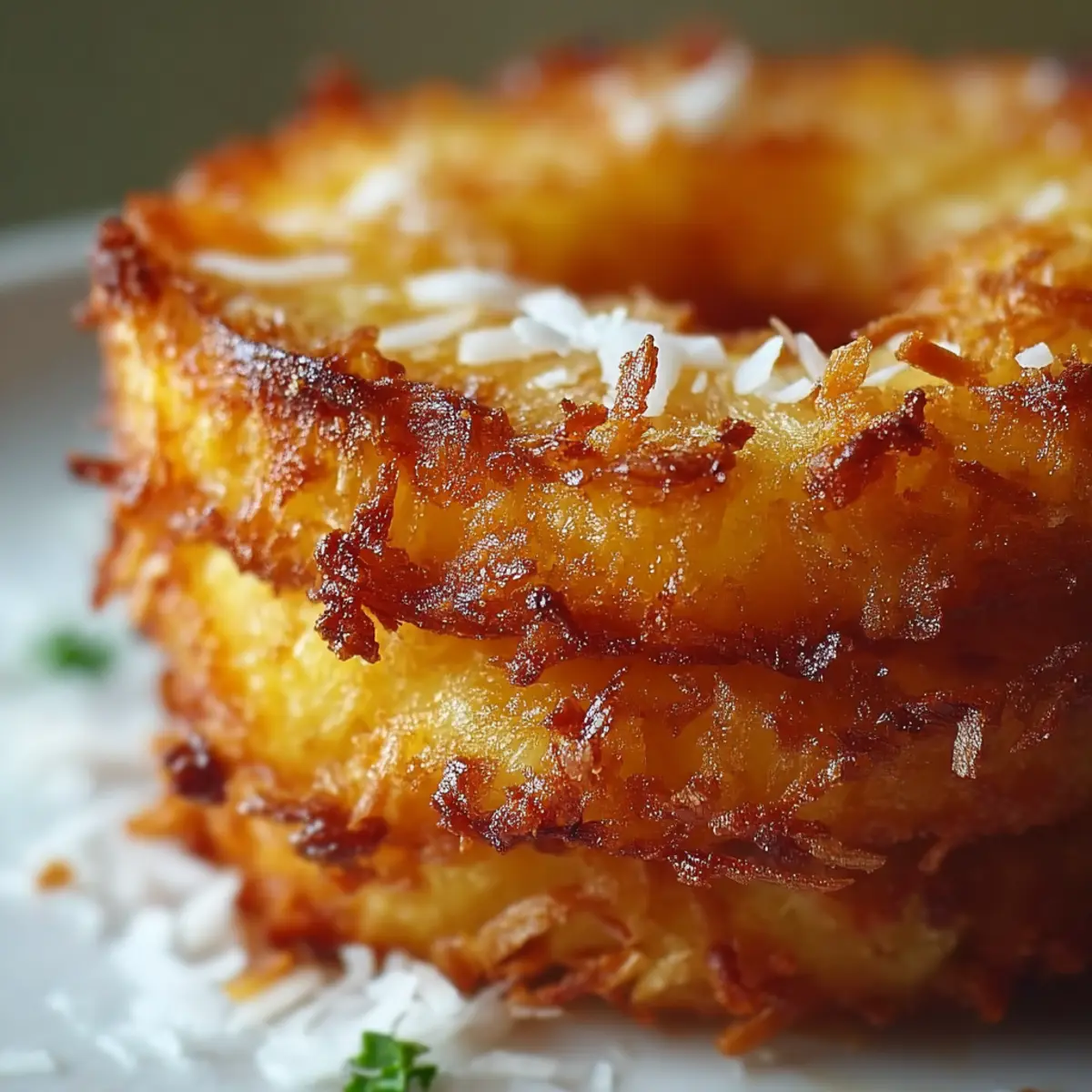 fried pineapple coconut crust on tropical leaf