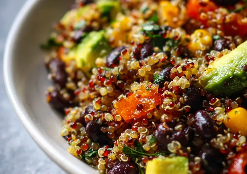 Quinoa and Black Bean Salad with Avocado Lime Dressing
