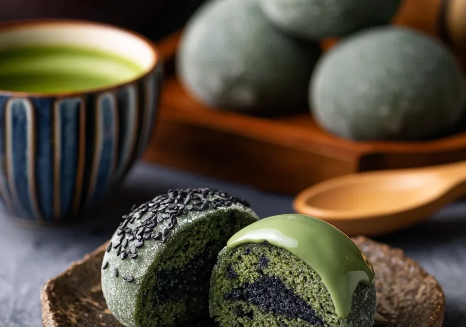 Black sesame mochi cake with matcha glaze